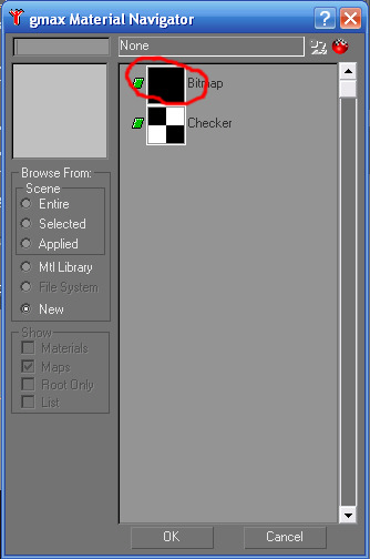 Material Navigator in Gmax selecting bitmap