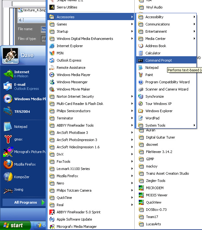 Location of Command Prompt in Windows XP