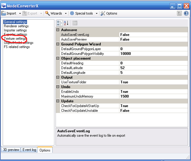 Location of Texture Settings in ModelConverterX