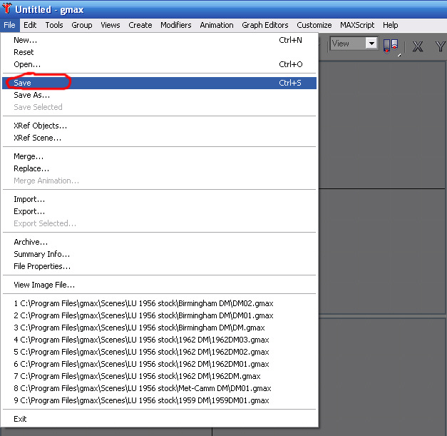 File Save menu in Gmax
